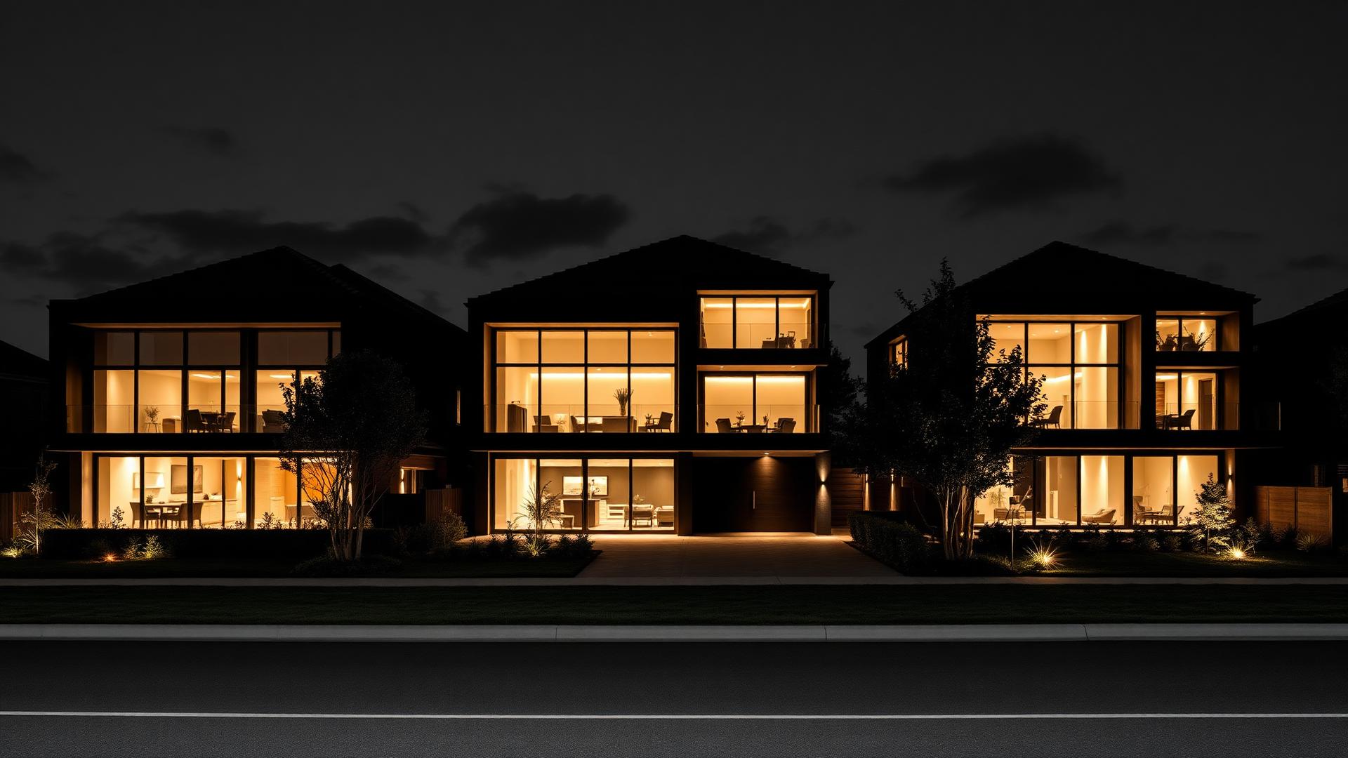 Casas modernas com automação TX1 ao entardecer